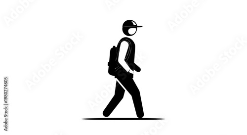A person walking with a backpack on a plain background