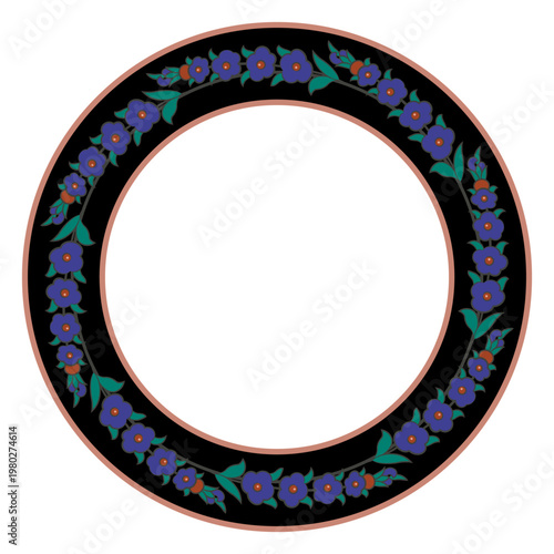 Round floral frame with garland of blue flowers. Wreath of pretty blossom in a circle. ~On white background. Folk style. Circular botanical border.