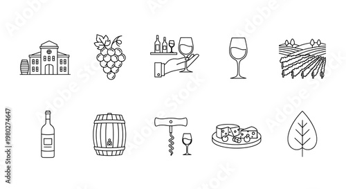 A collection of wine and vineyard related icons and illustrations
