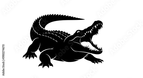 A black and white illustration of an alligator with its mouth open