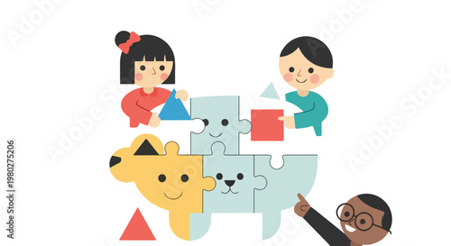 Three diverse children are cooperating to assemble a large, colorful jigsaw puzzle shaped like a friendly animal, emphasizing teamwork and learning.
