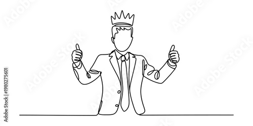 A single continuous line drawing of a successful businessman wearing a crown and smiling broadly Vector, illustration