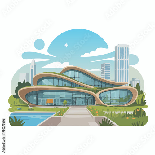 modern ecofriendly office building with green roof and cityscape