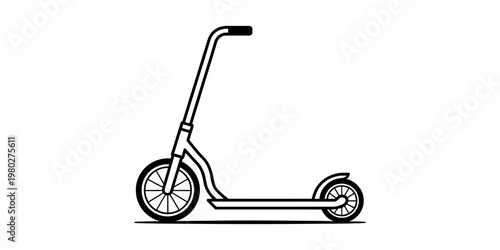 A simple black and white line art illustration of a kick scooter on a solid white background. Vector, illustration