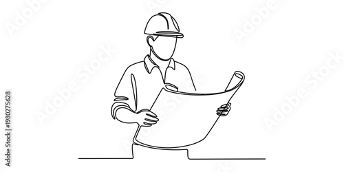 A single continuous line drawing of a construction worker wearing a hard hat holding a blueprint Vector, illustration