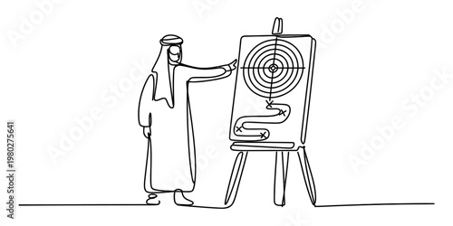 A continuous line drawing of an arab businessman pointing at a target on a presentation board. Vector, illustration