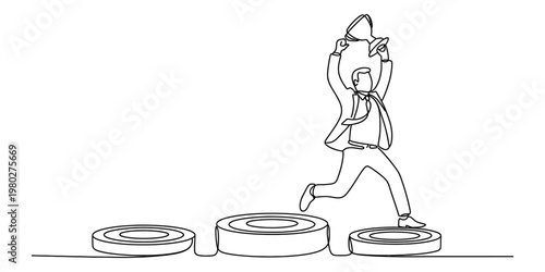 A continuous line drawing of a business person celebrating victory on a podium with a gold trophy Vector, illustration