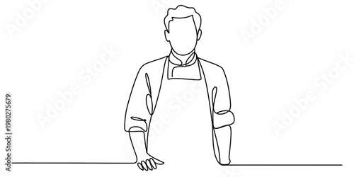 A minimalist single line drawing of a professional chef wearing an apron in a modern art style Vector, illustration