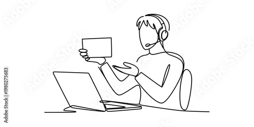 A single continuous line drawing of a customer service representative wearing a headset at work Vector, illustration