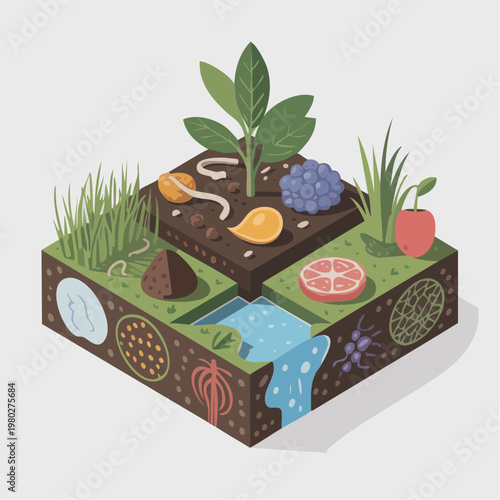 Soil layers ecosystem illustration with plant roots and microorganisms