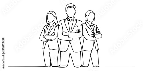 A single continuous line drawing of a diverse professional business team standing together united Vector, illustration