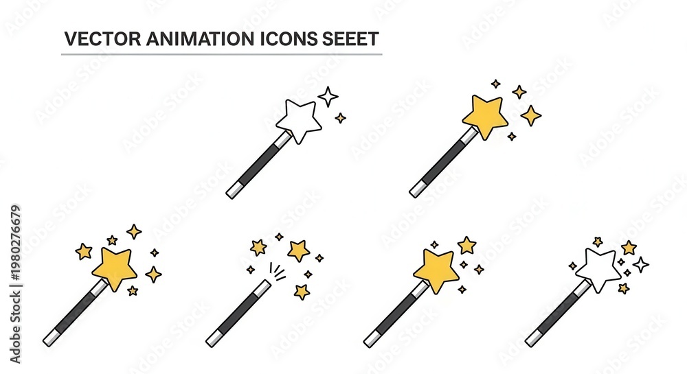 Naklejka premium Magic Wand Icons Set: Sparkles, Stars, and Enchantment