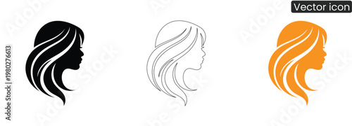 Three colored woman head icons with long hair on white background