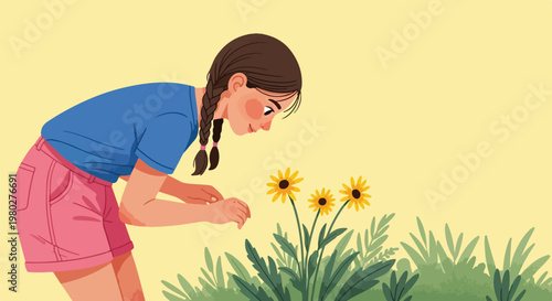 An adorable young girl with two braids leans over to gaze at vibrant yellow flowers growing in a lush green meadow on a sunny day.