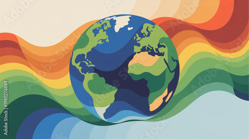 Earth Globe, Rainbow Gradient Waves, Eco Friendly Symbol, Environmental Awareness Vector
