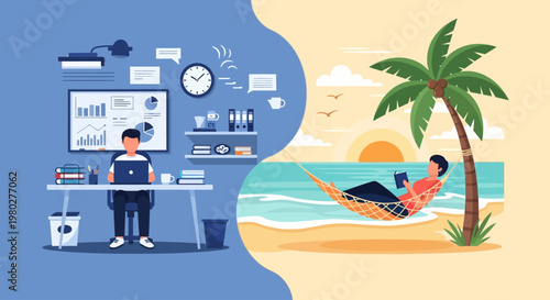 Balancing work and relaxation with remote work and leisure at the beach.