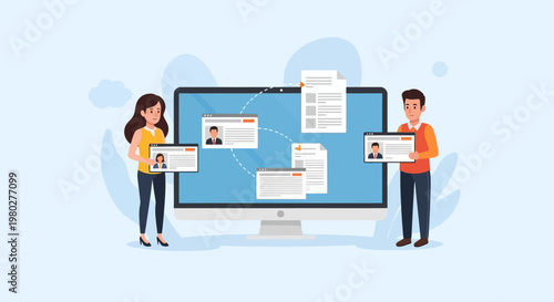 Two people collaborating on a digital project displayed on a large computer screen.