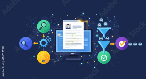Conceptual illustration of digital data processing and analysis with computer and icons.