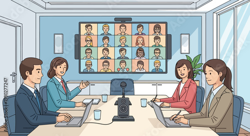 Business professionals participating in a virtual video conference meeting from office.