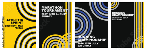 Modern running championship poster set. Athletic tournament layouts with concentric half circles and thin stripes. Flat geometric minimal style in yellow, Template for background, poster or cover.