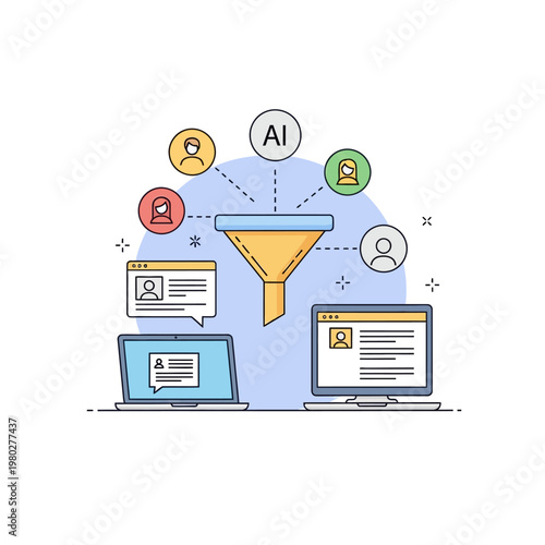 Conceptual flat vector illustration of an AI powered lead generation funnel processing customer data and user profiles into digital displays on laptops and desktop monitors.