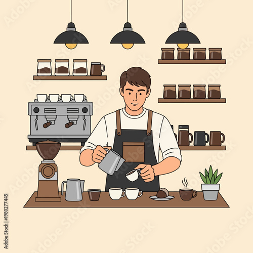 Professional male barista in a dark apron pouring milk from a metal pitcher into a small coffee cup, cafe interior with espresso machine, coffee grinder, and jars on shelves.