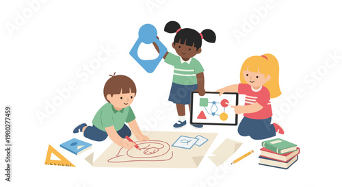 Three young children are happily collaborating on an educational project using drawing tools, a tablet, and books on the floor.