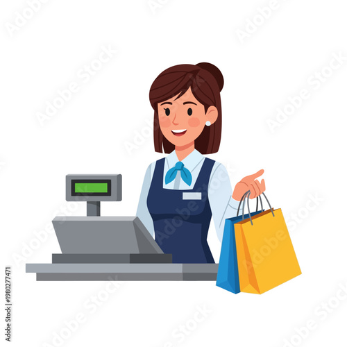 Vector illustration of a smiling female cashier standing behind a retail checkout counter with a cash register while holding blue and yellow shopping bags on a white background.