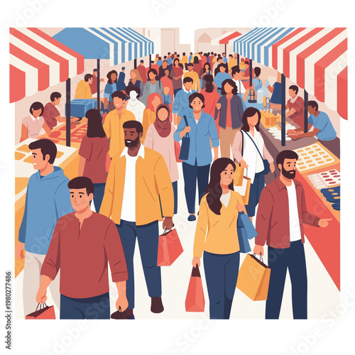 Crowded outdoor market flat vector illustration featuring a diverse group of people walking between colorful striped stalls and carrying shopping bags in a busy urban street scene.