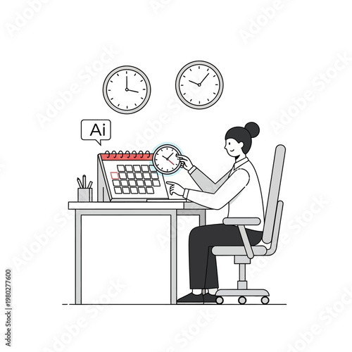Vector illustration of a professional woman sitting at a desk, managing schedule using a calendar and clock icons, featuring dual wall clocks for international time zones and AI assistance.