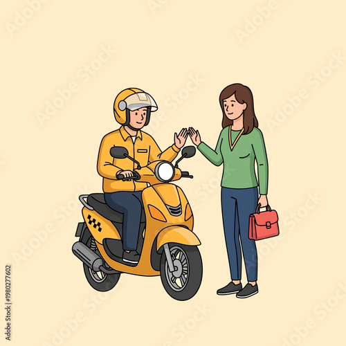 Vector illustration of a motorcycle taxi rider in a yellow uniform and helmet sitting on a scooter and greeting a female customer with a red handbag on a beige background.