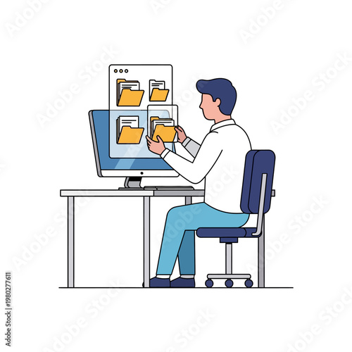 Vector illustration showing a man sitting at an office desk using a computer to organize digital files and folders in a virtual interface on a white background.