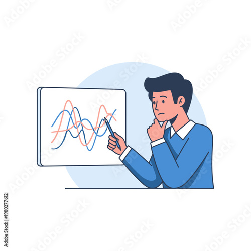 Flat vector illustration of a male analyst in a blue sweater studying multiple colorful fluctuating line charts on a screen, pointing with a pen and holding his chin in thought.