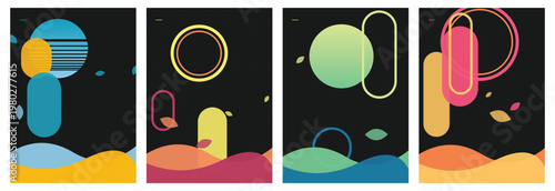 Creative template background. Abstract geometric shapes, fluid waves and falling leaves on dark settings for modern presentation graphic design layouts. Vector design illustration.