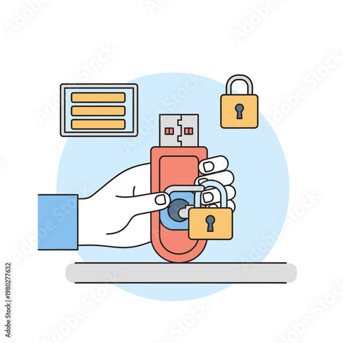 Vector illustration of a hand holding a red USB flash drive with a padlock icon, symbolizing data encryption, cybersecurity, and information protection on a white background.
