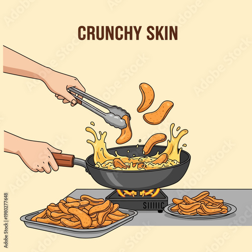 Vector illustration of a cook frying crispy snacks in a pan with splashing oil on a portable stove, featuring hands using tongs and finished crunchy pieces on a tray and plate.