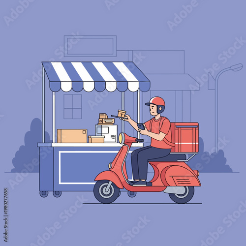 Vector illustration depicting a delivery courier on a red scooter holding a smartphone while picking up a cardboard box from a blue street food stall with a striped awning in the city.
