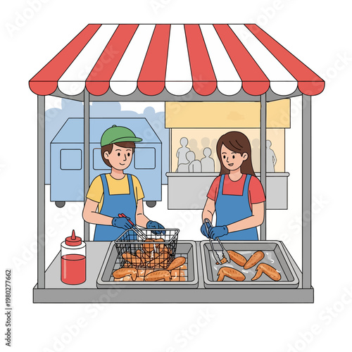 Illustration of a man and woman in aprons working at a street food stall, frying and serving crispy chicken wings under a red and white striped awning in an outdoor market.