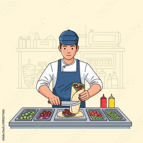 Vector illustration of a professional street food vendor wearing a blue apron and cap, preparing a fresh kebab wrap with vegetables at a kitchen counter with various food trays.