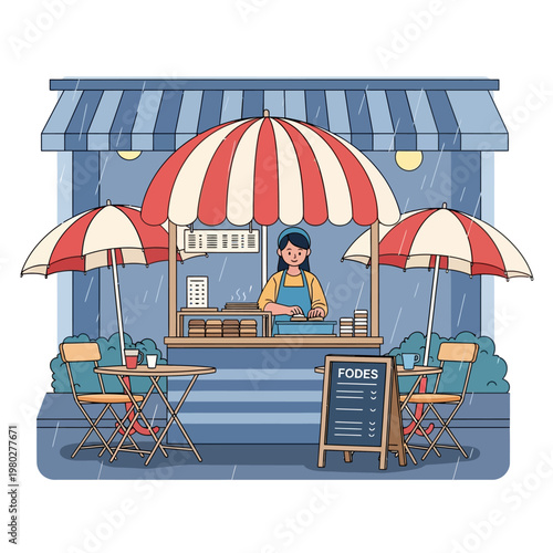 Flat vector illustration of a woman working at a street food stall with red and white striped umbrellas in the rain, featuring outdoor cafe tables, chairs, and a menu chalkboard.