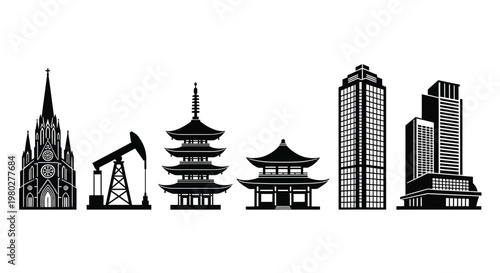 A black and white illustration depicting various global landmarks and structures in a linear arrangement