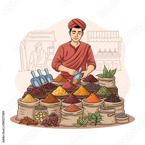 Vector illustration of a male spice merchant wearing a turban and traditional orange garment at a marketplace stall filled with sacks of colorful ground spices, seeds, and herbs.