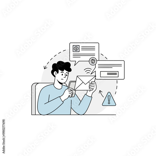 Vector illustration of a man scanning a suspicious email on his smartphone and holding an envelope, featuring icons for malware, financial scams, and security warning alerts.