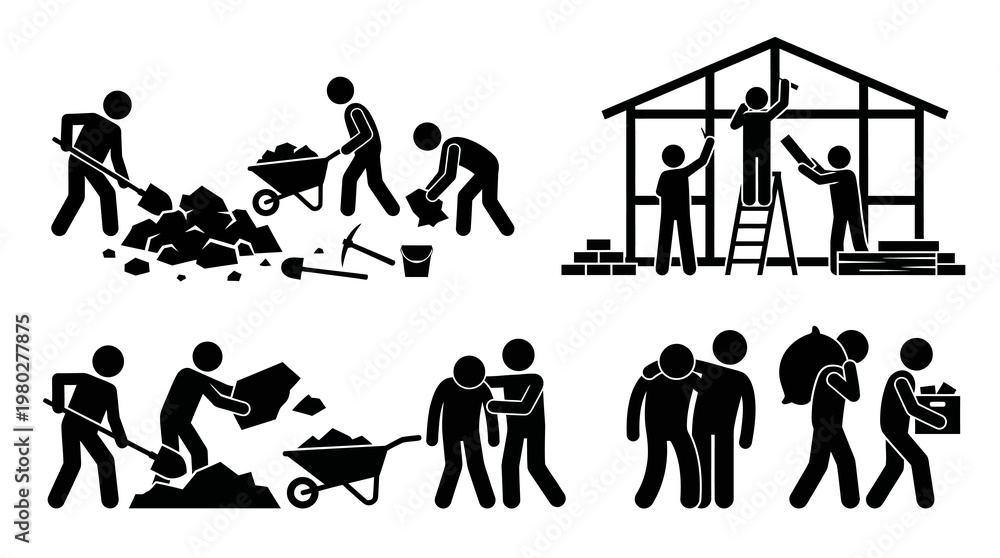 Obraz premium Stick figure icon set showing construction, manual labor, and teamwork. Workers are depicted building, digging, and carrying materials for project development