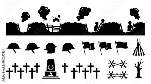 World War I battlefield scene silhouettes with helmets, flags, crosses, barbed wire, and a tree
