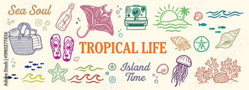 Tropical life marine icon set displaying hand drawn coral, jellyfish, manta rays and flip flops. Enhance coastal vacation branding utilizing this beautiful summer vector illustration kit.