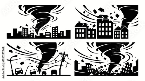 Dramatic depictions of strong winds and powerful tornadoes wreaking havoc on urban environments and infrastructure