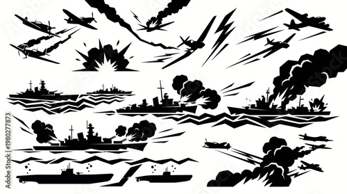 Dynamic black and white silhouette illustration of an intense naval battle, featuring warships, submarines, and combat aircraft engaged in fierce explosions and smoke-filled conflict on the high seas