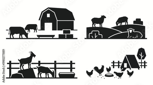 Set of Silhouetted Farm Scenes Featuring Livestock and Buildings for Agricultural Concepts