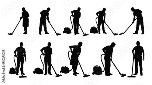 A collection of silhouette figures depicting various cleaning staff engaged in tasks like sweeping and vacuuming floors high quality professional detailed